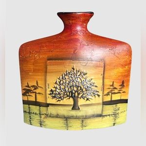 Tree Square Modern  Ceramic Red and Yellow Vase Square